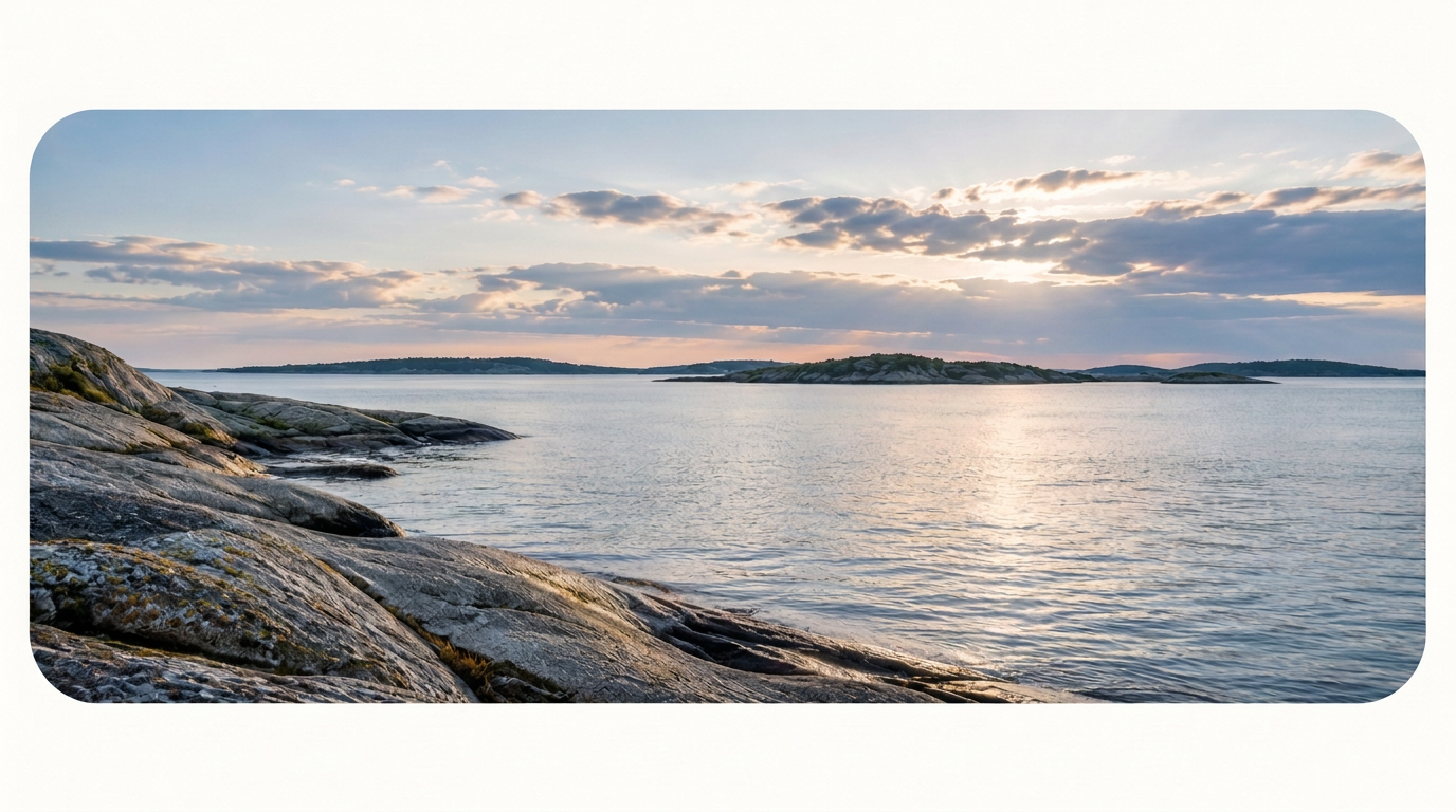 Sileä kalliorantaa ja tyyni meri saaristossa harmaana päivänä